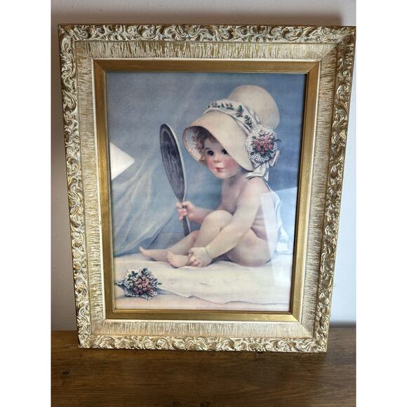Vintage Framed Child Vanity Print Gallery Graphics Gold Ornate Frame Baby